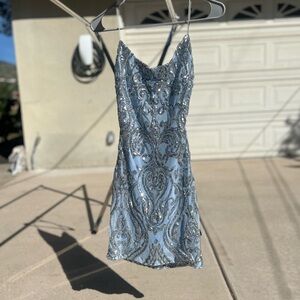 Sequin Embellished Light Blue Cocktail Dress